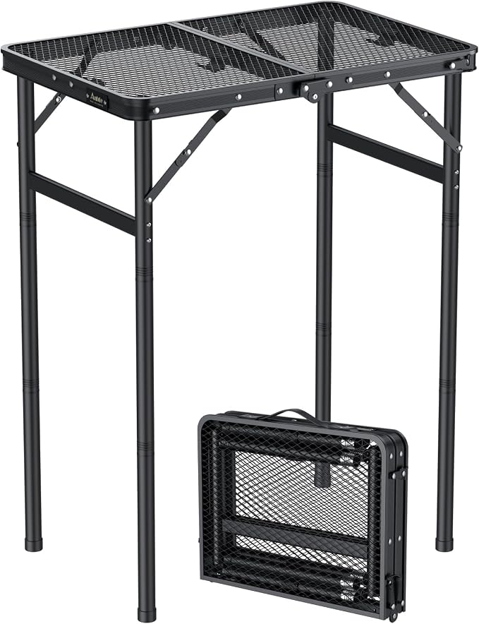 Anbte 2ft Folding Grill Table Max 29.5", 3 Adjustable Height Lightweight Camping Table with Heat-Resistant Mesh Tabletop Portable Handle, Waterproof, for Cooking BBQ Outdoor, 22.8" X 16", Black