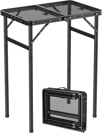 Anbte 2ft Folding Grill Table Max 29.5", 3 Adjustable Height Lightweight Camping Table with Heat-Resistant Mesh Tabletop Portable Handle, Waterproof, for Cooking BBQ Outdoor, 22.8" X 16", Black