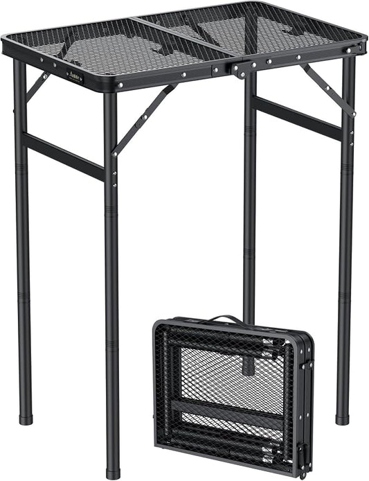 Anbte 2ft Folding Grill Table Max 29.5", 3 Adjustable Height Lightweight Camping Table with Heat-Resistant Mesh Tabletop Portable Handle, Waterproof, for Cooking BBQ Outdoor, 22.8" X 16", Black