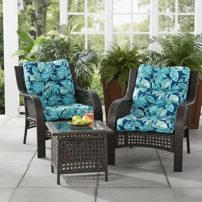 Outdoor Tufted High-Back Chair Cushions, One-Piece Hinged Seat and Back Design, Reversible with 4 Ties, Durable Polyester Fabric, Recycled Fiber Fill - Set of 2, Botanical Crestwood