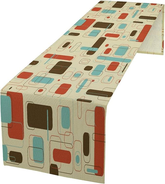 Retro Abstract Geometric Table Runner, Vintage Shapes Mid Century Colorful Boho Style Dinner Runner for Home Kitchen Dining Table Decoration 13"x70"