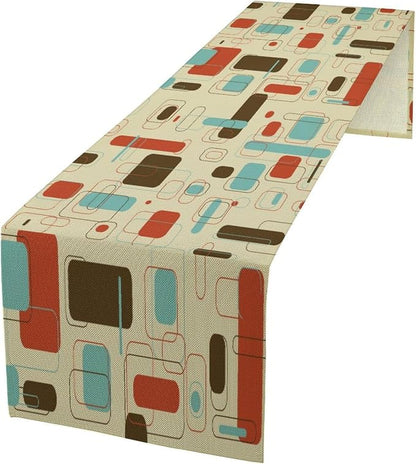 Retro Abstract Geometric Table Runner, Vintage Shapes Mid Century Colorful Boho Style Dinner Runner for Home Kitchen Dining Table Decoration 13"x120"