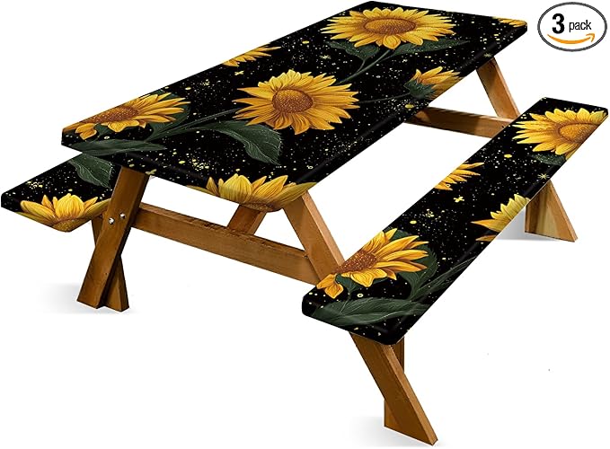 Picnic Table Cover with Bench Covers Sunflower, Waterproof Windproof Elastic Fitted Tablecloth for 6FT Rectangle Tables, Outdoor Camping Patio Garden BBQ Table Cover Set