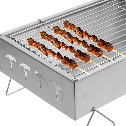 Portable Stainless Steel Charcoal Grill Outdoor Bbq Rack Foldable Camping Barbecue Stove 36x26.5x17.5cm Practical Picnic Cooking Accessory