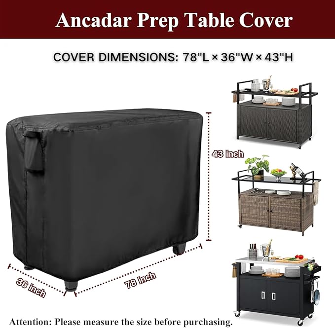Prep Table Cover for Movable Dining Cart Table, 78inch Outdoor BBQ Cart Cover Bar Tool Cart Covers Cooler Covers - 78"L×36"W×43"H, Black
