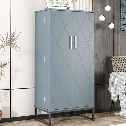 kepptory 51" Pantry Cabinet with Diamond-Patterned Doors and Golden Handles, Freestanding Kitchen Storage Cabinet with 17 Shelves, Tall Metal Base, Adjustable Feet, Grey