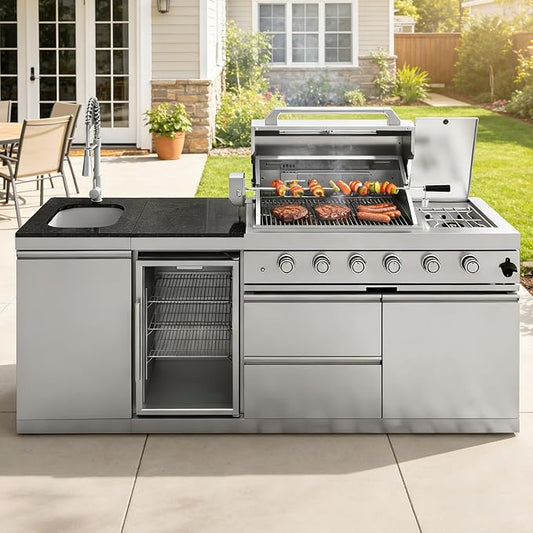 104" Modular Outdoor Kitchen Island With Grill And Side Burner, 4-burner 72,000 Btu Propane Bbq Island, Refrigerator, Separate Sink & Prep Station, For LP-Silver 72000BTU/85 Inch