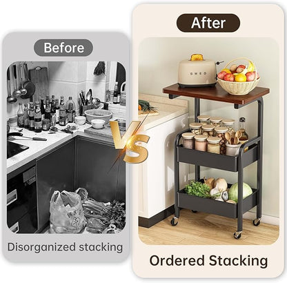 3 Tier Metal Rolling Utility Cart Organizer with Walnut Table Top, Stable and Sturdy Rolling Storage Carts with 2 Lockable Wheels for Kitchen，Bathroom，Snacks，Coffee，Craft，Makeup，Baby Essentials