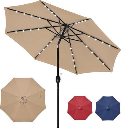 YSSOA 9' Solar Umbrella 32 LED Lighted Patio Umbrella Table Market Umbrellas with Push Button Tilt/Crank Outdoor for Garden, Deck, Backyard and Pool, Tan