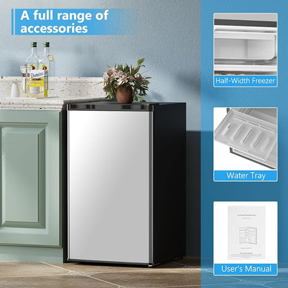 COWSAR 3.2 Cu.Ft Dorm Fridge with Freezer, Single Reversible Door Compact Refrigerator, Adjustable Thermostat, 2 Removable Shelves, Commercial Drink Fridge for Bedroom, Office, Kitchen, Dorm, Silver