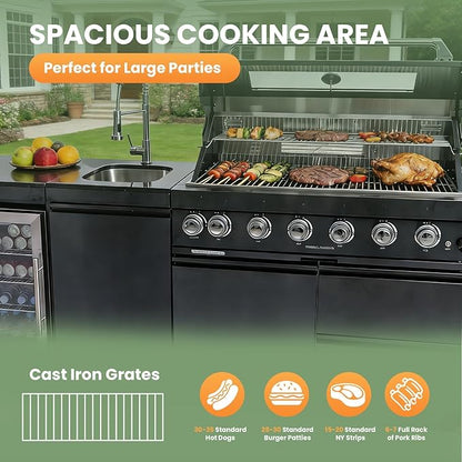 82" Outdoor Kitchen Natural Gas Grill, 6-Burner 85,000 BTU BBQ Grill with Sink,Infrared Rotisserie,Granite Countertop, Refrigerator,Grill Cart.(Black)