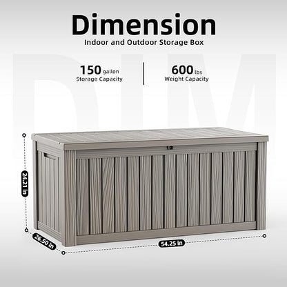 150 Gallon Outdoor Storage Box Waterproof, Resin Lockable Deck Box with Lid, Large Capacity Weatherproof Container for Patio Furniture Pool Accessories, Cushions(Grey, 150 Gallon)