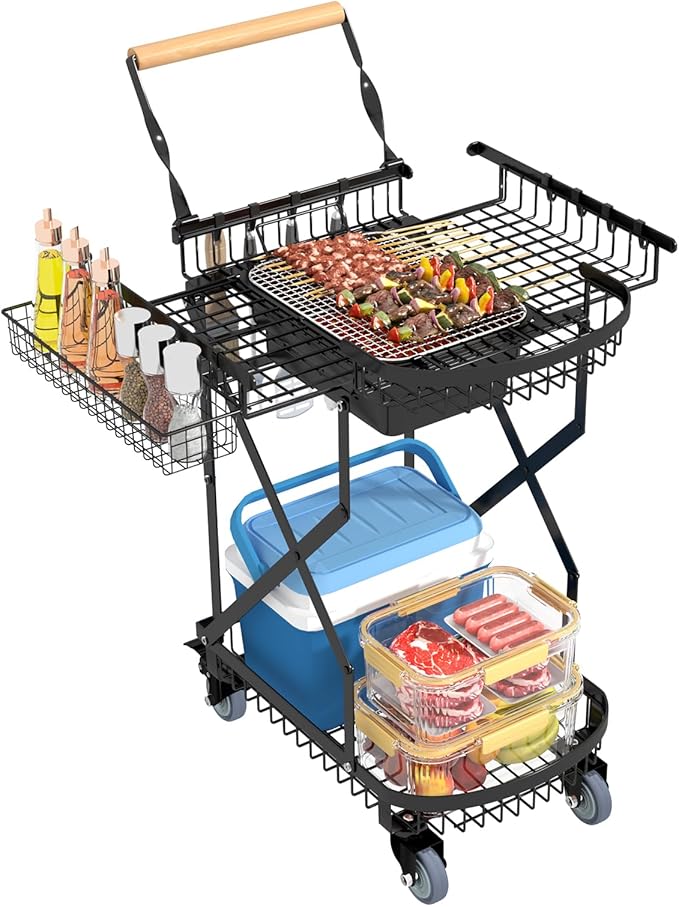 NADAMOO Foldable Charcoal Grill Cart with Rolling Wheels & Storage, Instant Fold Portable BBQ Trolley for Outdoor Barbecue, Travel, Camping, Picnics, Party, Backyard