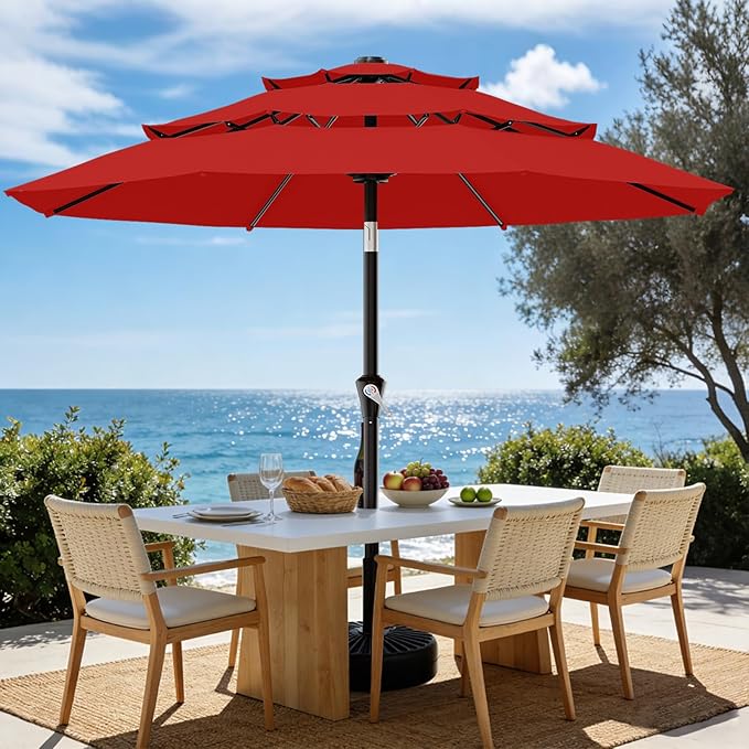 AreShark 9ft 3-Tier Patio Umbrellas, Outdoor Umbrella with 8 Sturdy Ribs UV Protection Windproof, Market Table Umbrella w/Push Button Tilt & Crank for Pool, Porch, Deck, Garden(Red)