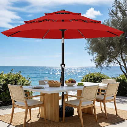 AreShark 9ft 3-Tier Patio Umbrellas, Outdoor Umbrella with 8 Sturdy Ribs UV Protection Windproof, Market Table Umbrella w/Push Button Tilt & Crank for Pool, Porch, Deck, Garden(Red)