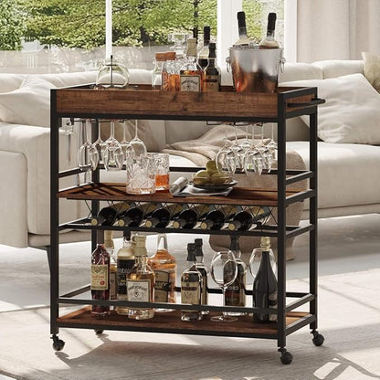 Bar Cart for The Home, Rolling Home Bar Serving Cart on Wheels, 3 Tier Liquor Beverage Carts with Wine Rack and Glass Holder (Rustic Oak)