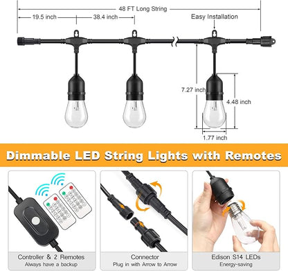 Mlambert 3 Color Outdoor LED Dimmable String Lights for Patio with Remote, Plug in 48FT Waterproof Shatterproof Edison Bulb Lights for Bistro Pergola