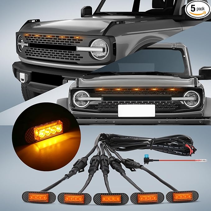 5 Pcs Grille Lights Compatible with 2021 2022 2023 2024 Ford Bronco Badlands, Wildtrak, Everglades 2/4-Door - LED Front Grille Lights Accessories with Fuse & Harness(Amber Light)