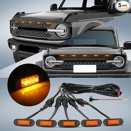 5 Pcs Grille Lights Compatible with 2021 2022 2023 2024 Ford Bronco Badlands, Wildtrak, Everglades 2/4-Door - LED Front Grille Lights Accessories with Fuse & Harness(Amber Light)