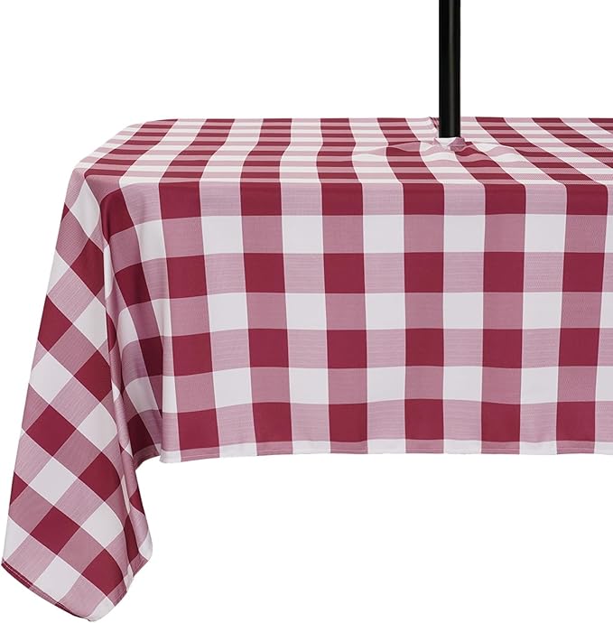 Poise3EHome Rectangle Outdoor Tablecloth with Umbrella Hole and Zipper,Burgundy Checkered 84x60 Inch,SpillProof Washable Table Cloth for Spring Summer Patio Garden Poolside Picnic Camping BBQS