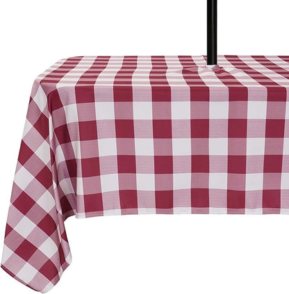 Poise3EHome Rectangle Outdoor Tablecloth with Umbrella Hole and Zipper,Burgundy Checkered 70x52 Inch,SpillProof Washable Table Cloth for Spring Summer Patio Garden Poolside Picnic Camping BBQS