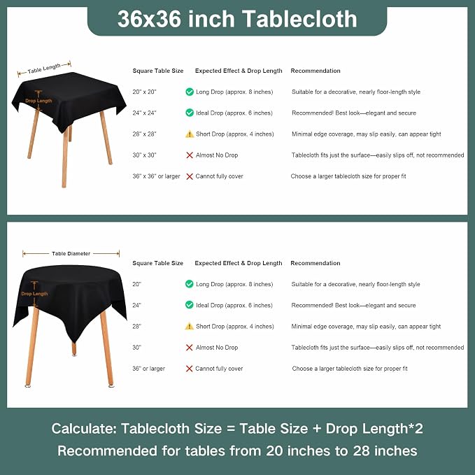 Wolkemer Small Square Tablecloth 36 x 36 Inch Washable Fabric Table Cloth Solid Black Table Cover for Nightstand End Bedside Tables Tabletop Decoration