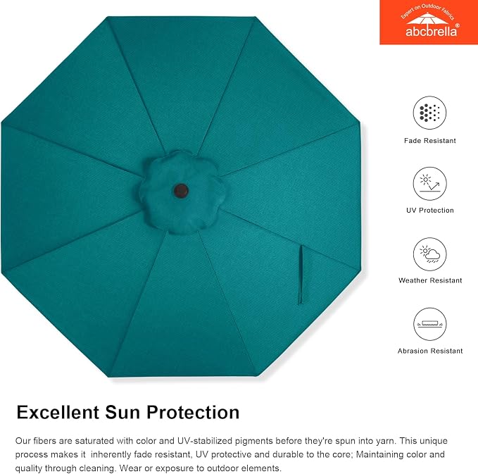 ABCCANOPY OLEFIN® 5-Year No Fading 9FT Outdoor Patio Umbrella(Turquoise) | Fade & UV Resistant Fabric,8 Fiberglass Ribs，Wind Vent，Crank Lift & Tilt,Outdoor Table Umbrella for Deck,Backyard,Yard