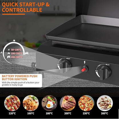 SKOK 2 Burner Gas Griddle with Hood- 17 Inch Outdoor Propane Griddle-30000 BTU Propane Fuelled, Portable Flat Top Gas Grill Camping Griddle with Lid for Kitchen, Outdoor BBQ