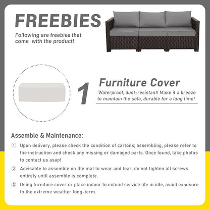 Rattan Star Wicker Patio Sofa Outdoor Furniture Outdoor Couch Deep Seat Sofa High Backrest with Waterproof Cover and Non-Slip Cushions, Grey