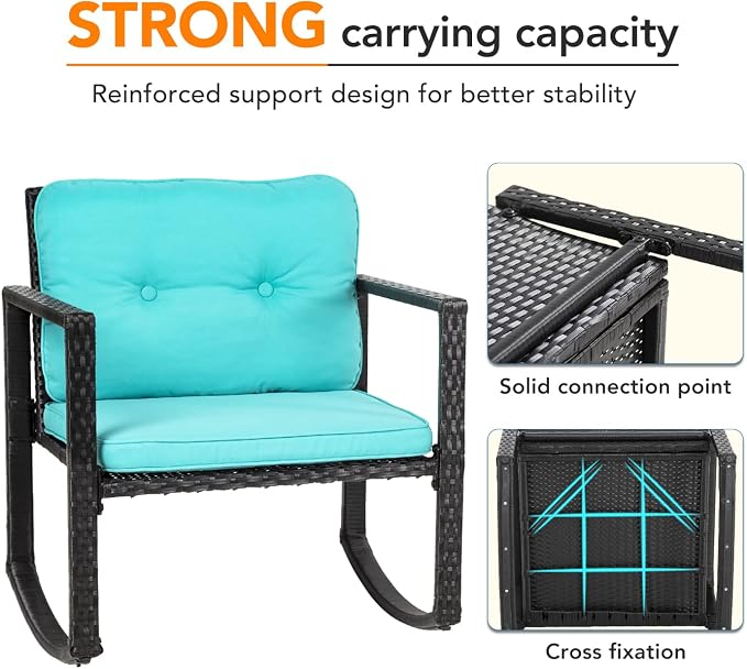 3 Pieces Rocking Bistro Set Outdoor Conversation Sets Rattan Patio Furniture Wicker Rocking Chairs with Blue Cushions and Glass Coffee Table for Balcony Poolside Garden Patio Porch Backyard