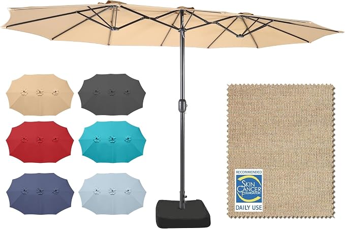 15ft Patio Umbrella with Base, 10-Year-No-Fade Large Outdoor Double-Sided Market Umbrella with UPF50+Terylene Polyester Fabric and Crank for Poolside Garden Deck Backyard Beach Pools