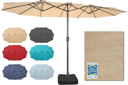 15ft Patio Umbrella with Base, 10-Year-No-Fade Large Outdoor Double-Sided Market Umbrella with UPF50+Terylene Polyester Fabric and Crank for Poolside Garden Deck Backyard Beach Pools
