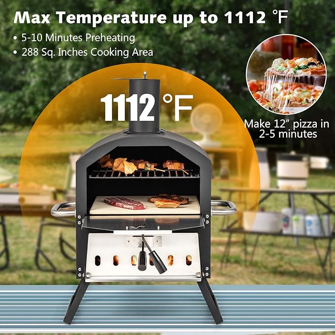 COSTWAY Picnic Outdoor Pizza Oven, Wood Fire Stone with Peel, Waterproof Cover, Fold-up Legs, Portable Stainless Steel Pizza Maker for Camping, Black + Silver