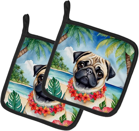 Caroline's Treasures Pug Luau Pair of Pot Holders Kitchen Heat Resistant Pot Holders Sets Oven Hot Pads for Cooking Baking BBQ, 7 1/2 x 7 1/2