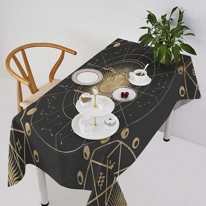 Retro Sun Moon Phases Tablecloth Vintage Star Magical Galaxy Space Table Cloth Water Resistant Wipeable Table Cover for Farmhouse Picnic Party Holiday Kitchen Dinner Table 60"x120"
