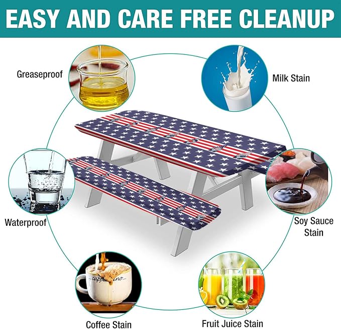 4th of July USA Flag Picnic Fitted Tablecloth and Bench Seats Cover, 28x72 Inch, American Flag with Gnomes Ice Pops Flag Elastic Edged Table Cloth for Indoor/Outdoor Picnic, BBQ and Dining, 3 Pcs Set