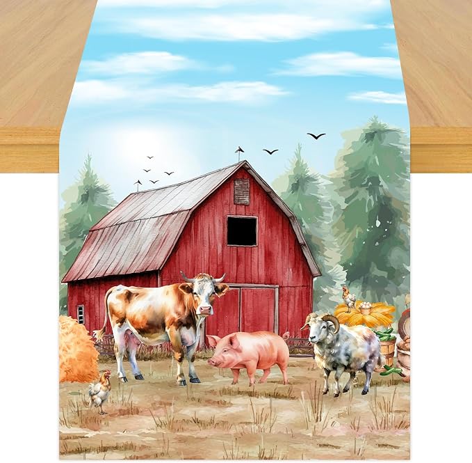 Farm Animal Theme Table Runner, Barnyard Theme Linen Fabric Table Runner for Everyday Use 72 x 13 Inches, Washable Table Cover for Indoor Outdoor Kitchen Dining Table Decor