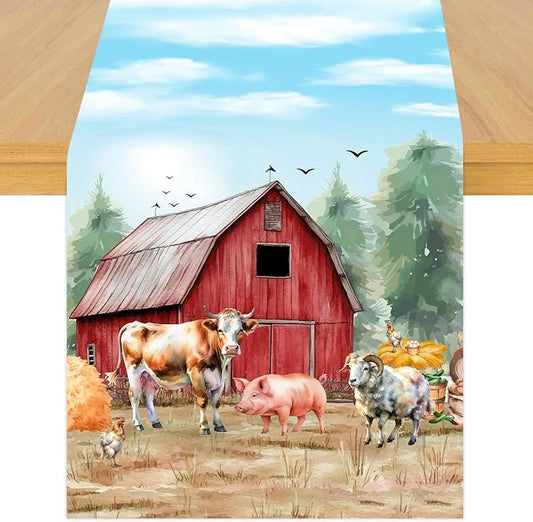 Farm Animal Theme Table Runner, Barnyard Theme Linen Fabric Table Runner for Everyday Use 72 x 13 Inches, Washable Table Cover for Indoor Outdoor Kitchen Dining Table Decor