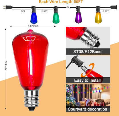 50Ft Outdoor Multicolor String Lights, LED Dimmable Christmas Multicolor Lights Outdoor Waterproof with 25 ST38 Colored LED Bulbs, 2700k Shatterproof for Backyard Gazebo Porch Garden Outside Decor