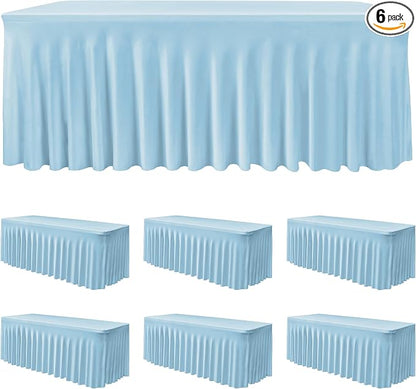 6 Pack Baby Blue Spandex Table Covers 6ft Rectangle Ruffle Skirts for Party | Elastic Table Covers 6 Foot, Pleated Fitted Table Cloths, Wrinkle Resistant Elegant Table Skirts Wedding, Banquets