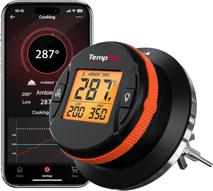 TempPro TempGauge Bluetooth Grill Thermometer with LCD Display & App Alerts | 500FT Wireless Temperature Gauge for Smoker, Kettle, Kamado, Pellet, Gas Grills, 0.3 Inches Universal Sensor Fits Most Lids