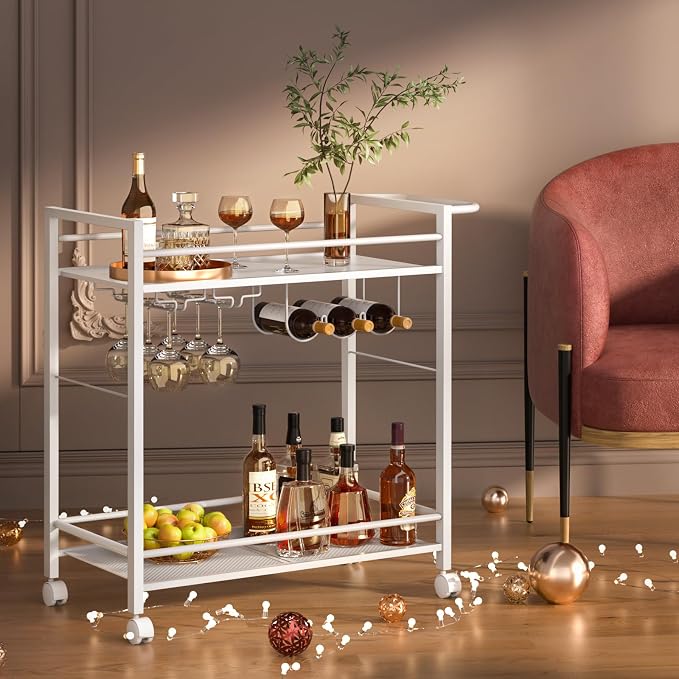 Joaxswe Bar Cart w/Wheels,2 Tier Home Bar Serving Cart,Elegant White | Rolling Beverage Cart w/ Wine Rack and Glass Holder,Modern Wine Cart w/ Storage Shelves for Kitchen, Living Room,Dinning Room