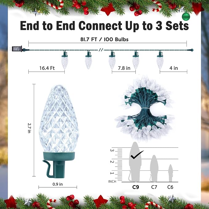 Minetom 100 LED C9 LED Christmas Lights Outdoor, 66FT Lighted Length Plug-in Waterproof C9 String Lights with Timer & Memory Function, 8 Modes, Connectable, for Tree Home Yard Party Indoor, Warm White