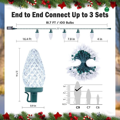 Minetom 100 LED C9 LED Christmas Lights Outdoor, 66FT Lighted Length Plug-in Waterproof C9 String Lights with Timer & Memory Function, 8 Modes, Connectable, for Tree Home Yard Party Indoor, Warm White