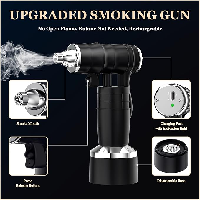 Electric Cocktail Smoker Kit - Rechargeable Whiskey Smoker Kit with Smoking Gun,Smoked Old Fashion Cocktail Bourbon Infusing Kit,8 Wood Chips,Birthday Unique Gifts for Men Husband,Bar Tool Set, Black