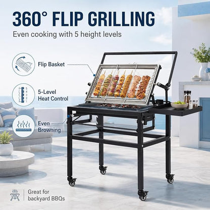 Rotating BBQ Grill with Cart 360° Rotating Cooking Grid Grills Removable Portable Grillfor for Outdoor Barbecues, Picnics, Camping, Places Such As Backyards