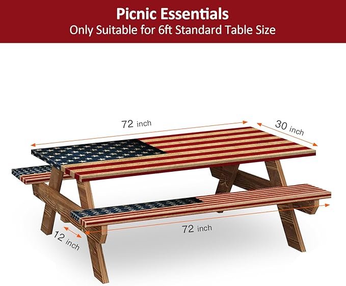 6ft 72 in Picnic Table and Bench Cover, 3 Pack, US Flag | Drawstring Bag, Waterproof Windproof, Elastic Fitted Edges Tablecloth, for Rectangle Table & Seat, Camping Essentials RV Gear