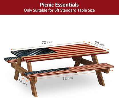 6ft 72 in Picnic Table and Bench Cover, 3 Pack, US Flag | Drawstring Bag, Waterproof Windproof, Elastic Fitted Edges Tablecloth, for Rectangle Table & Seat, Camping Essentials RV Gear