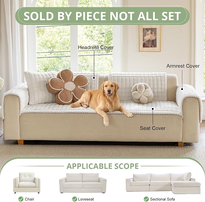 OstepDecor Couch Cover for Dogs, Washable Non Slip Sofa Cover for Pets | Soft Couch Covers for Sofa, Loveseat and Sectional, Furniture Protector Against Pet Hair & Dirt (27.6" x 27.6", Off White)