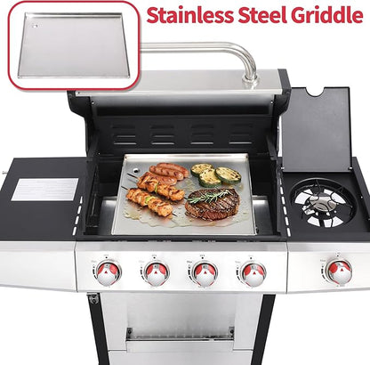 4-Burner Gas Grill with Side Burner, 49,000 BTU, Outdoor BBQ Grill with Cast Iron Grates, Griddle and Charcoal Pan, 3-in-1 Convertible Cooking, Easy-Clean System & Side Shelves